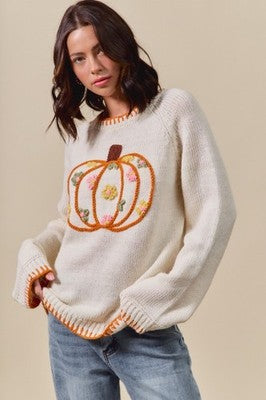 Pumpkin Floral Embroidered Sweater