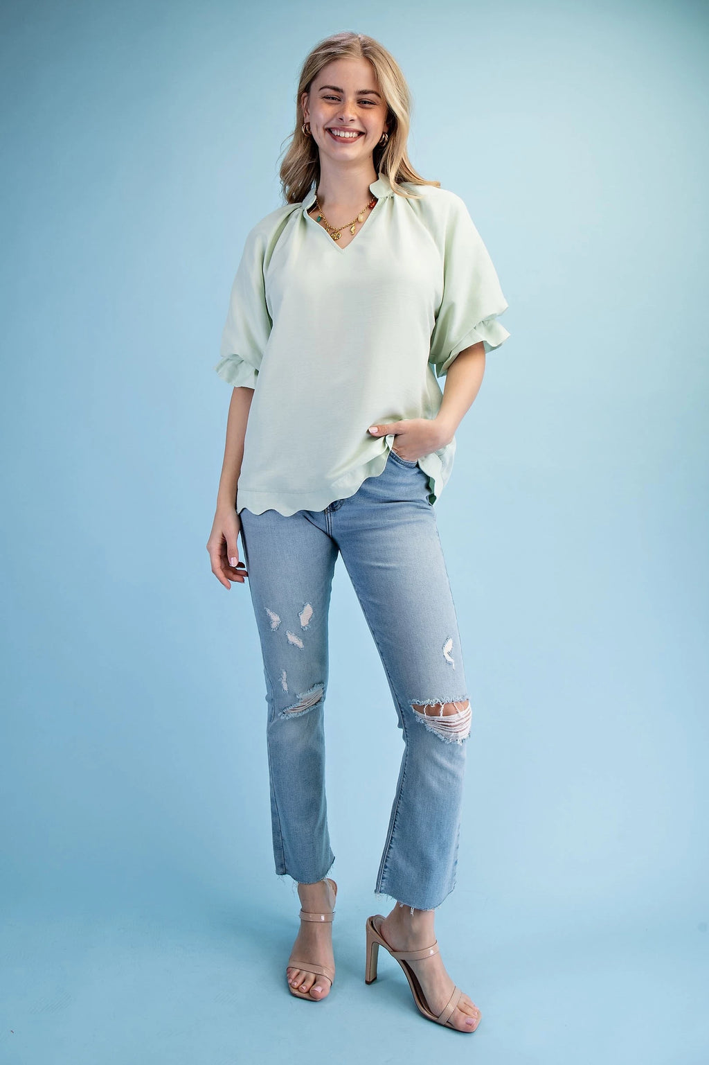Solid Shirt W/Scalloped trim