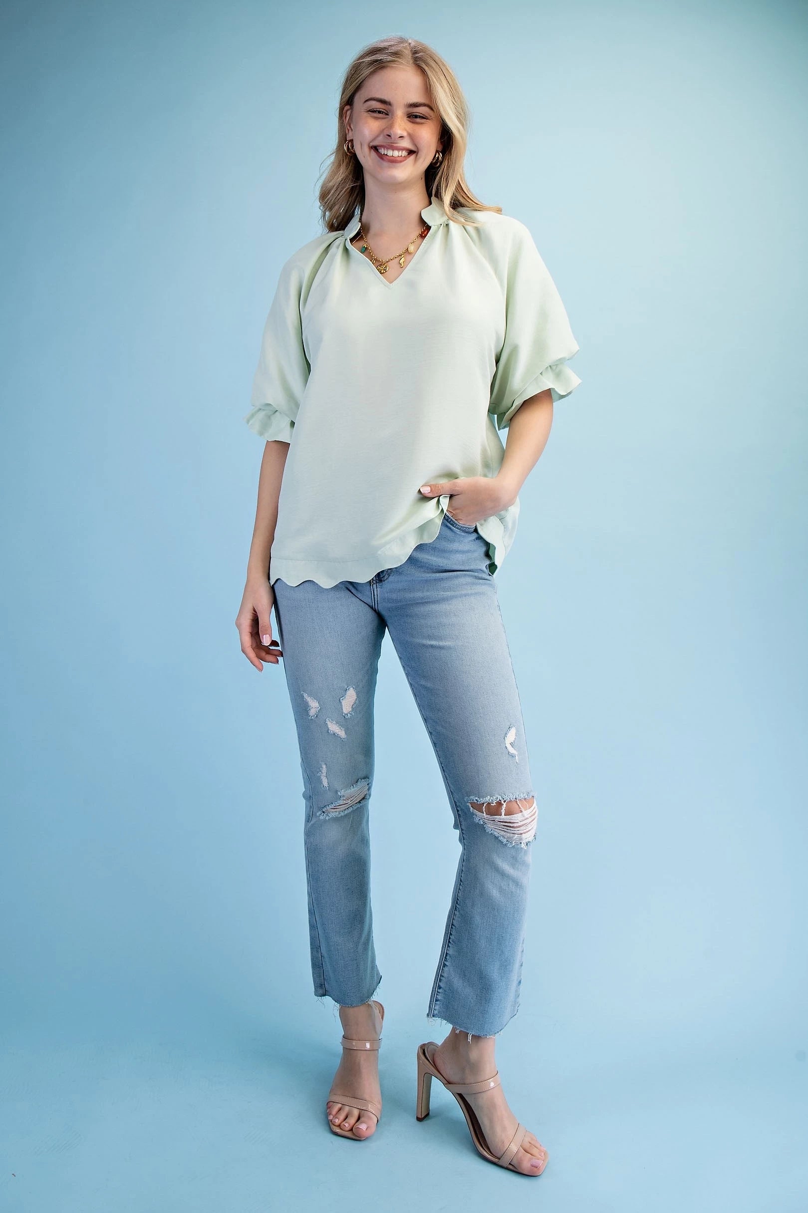 Solid Shirt W/Scalloped trim