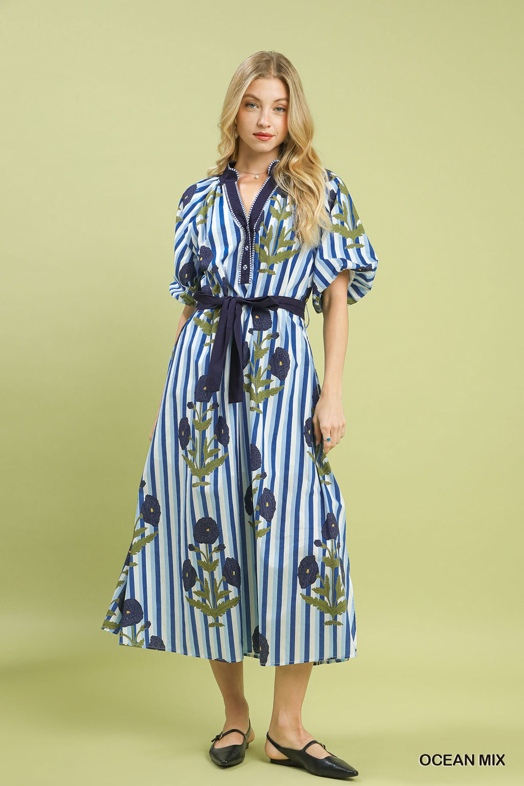 Blossom & Stripe Belted Midi