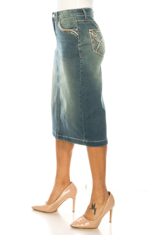 Vintage Wash Denim Skirt W/Embroidered Pockets