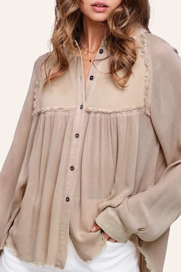 Washed Waffle Button Down Top