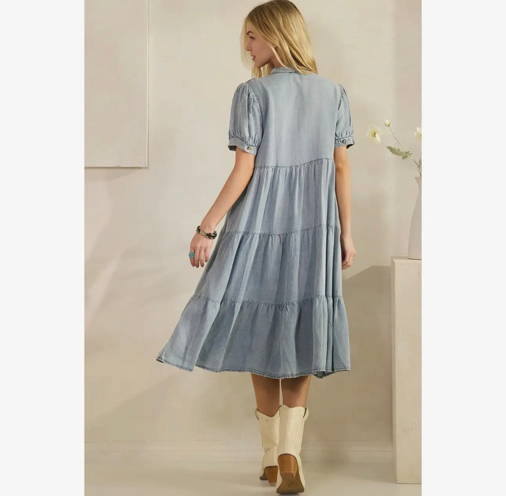 Denim Tiered Midi Dress