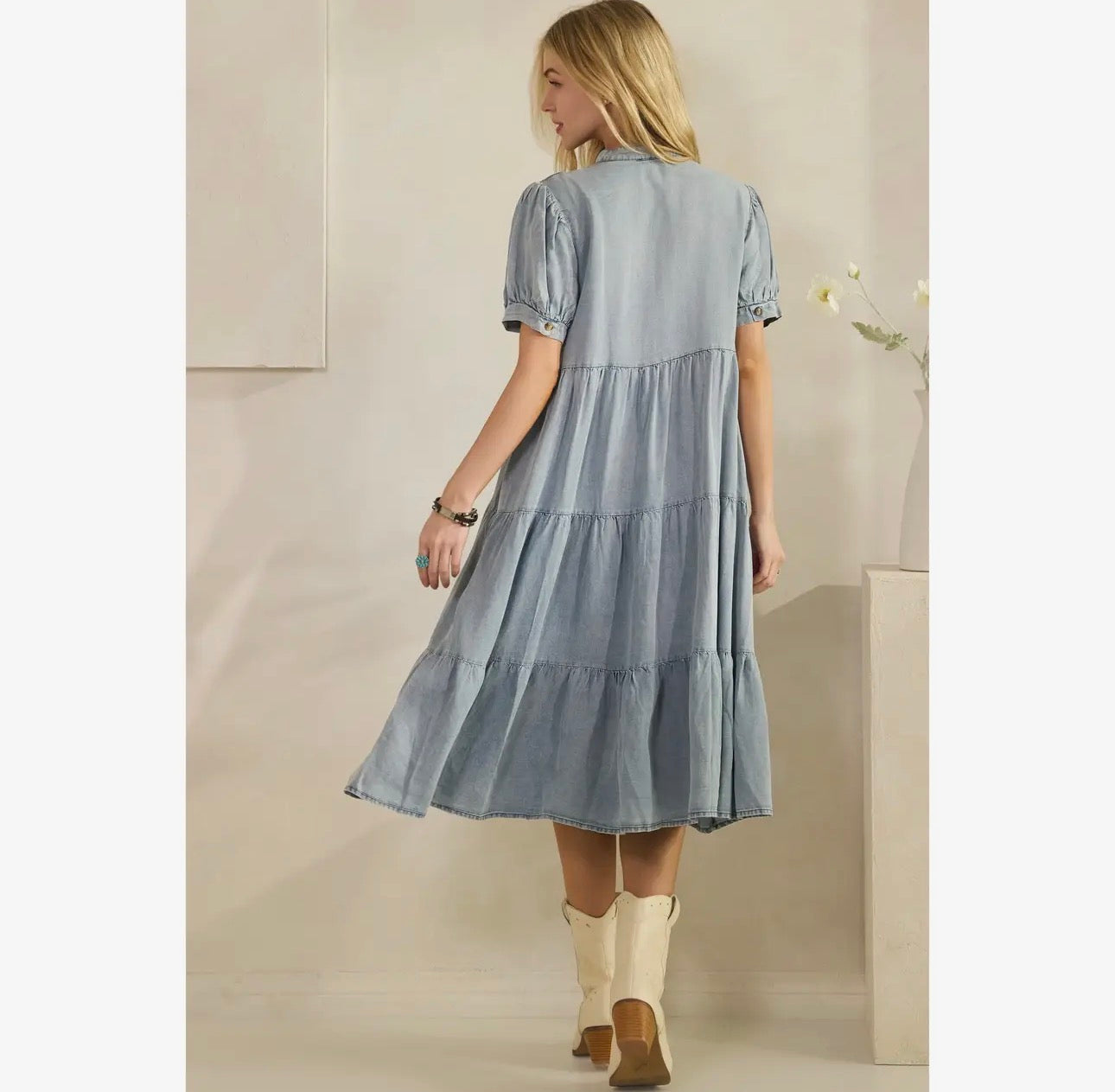 Denim Tiered Midi Dress