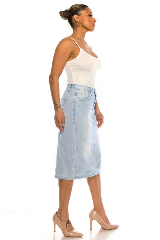 Light Wash Denim Skirt w/embroidery stitching