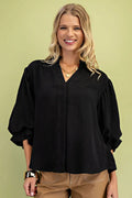 Curvy Black Balloon Sleeve Blouse