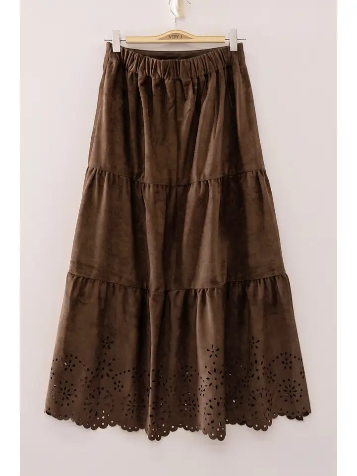 Faux Suede Tiered Midi Skirt