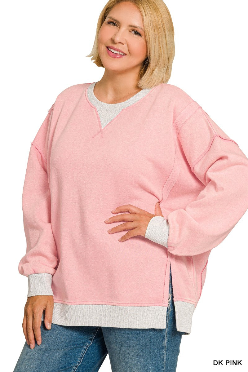 Curvy Fleece Acid Wash Pullover