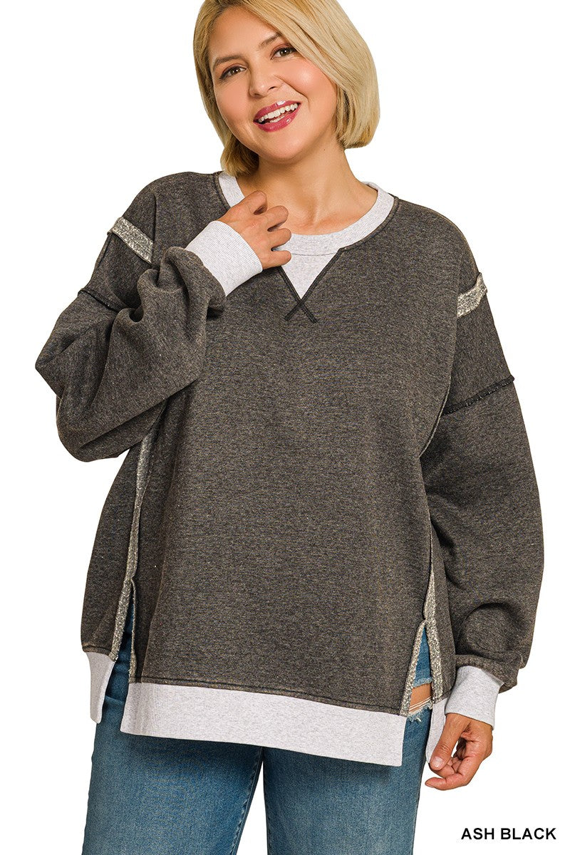Curvy Fleece Acid Wash Pullover