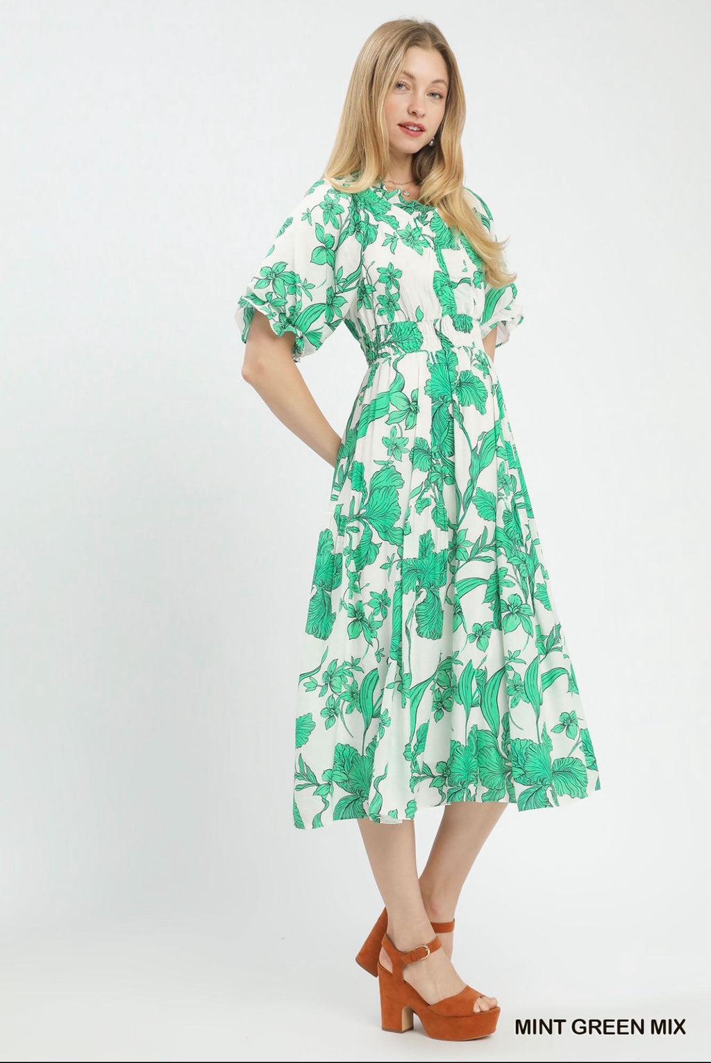 Porcelain Floral Puff Sleeve Dress