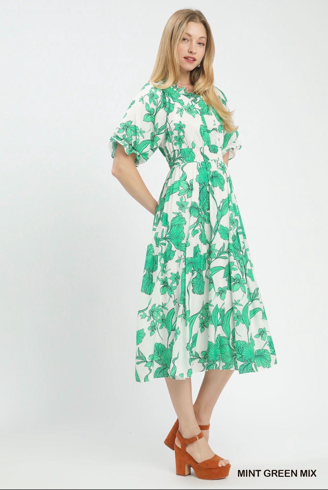 Porcelain Floral Puff Sleeve Dress
