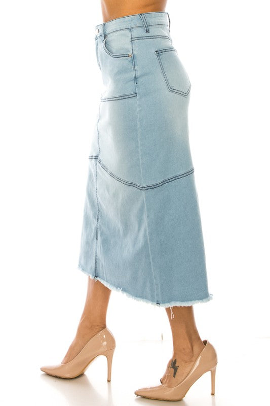 Indigo Wash Denim Skirt W/Frayed Hem
