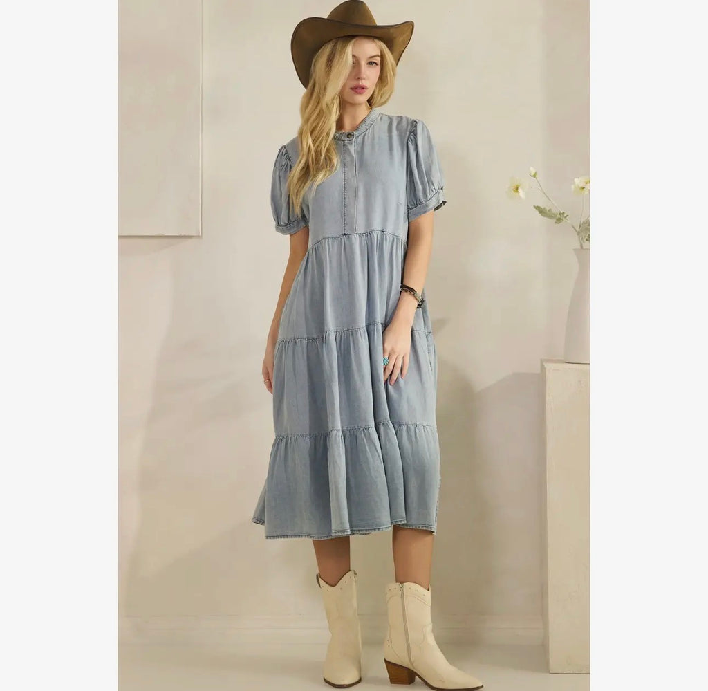 Denim Tiered Midi Dress