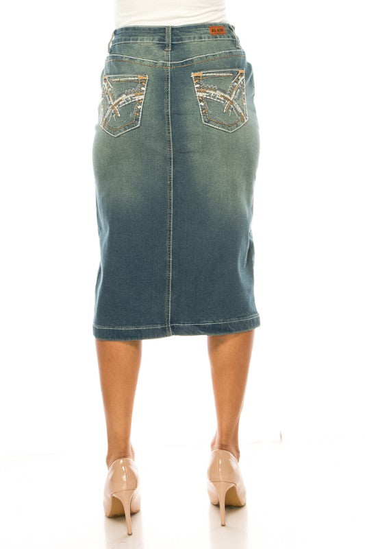 Vintage Wash Denim Skirt W/Embroidered Pockets