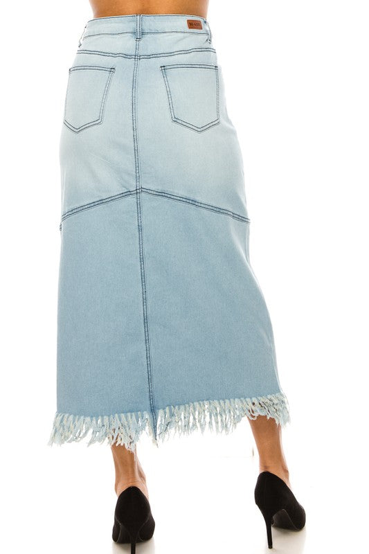 Long Denim Skirt w/fringe trim