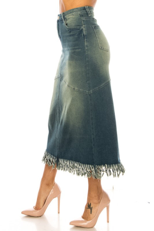 Vintage Wash Denim Skirt w/fringe trim