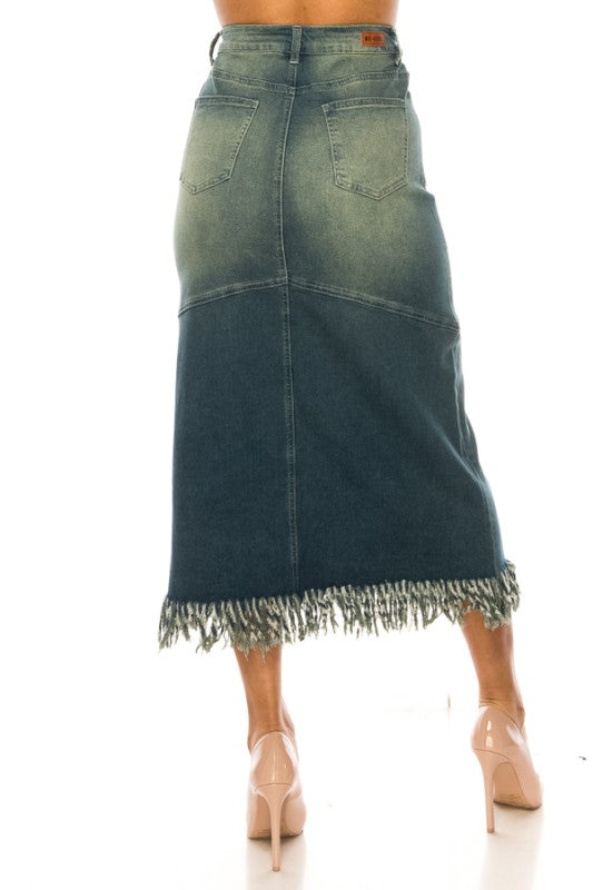 Vintage Wash Denim Skirt w/fringe trim
