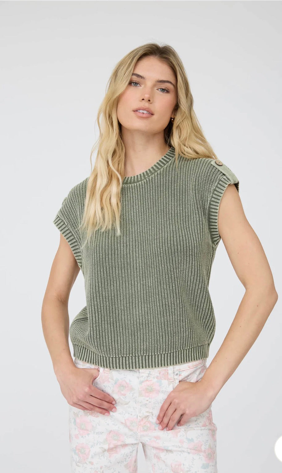 Acid Washed Tab Sleeve Knit Top