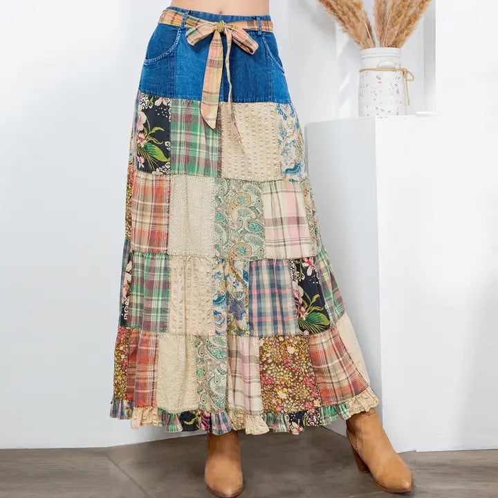 Boho Patchwork Belted Skirt