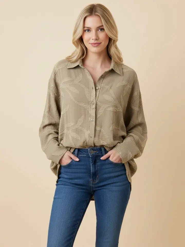 Leaf Embroidered Button Down Top