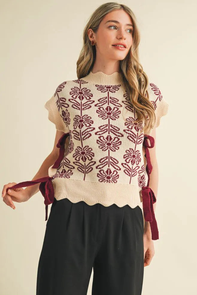 Crimson Floral Sweater Vest