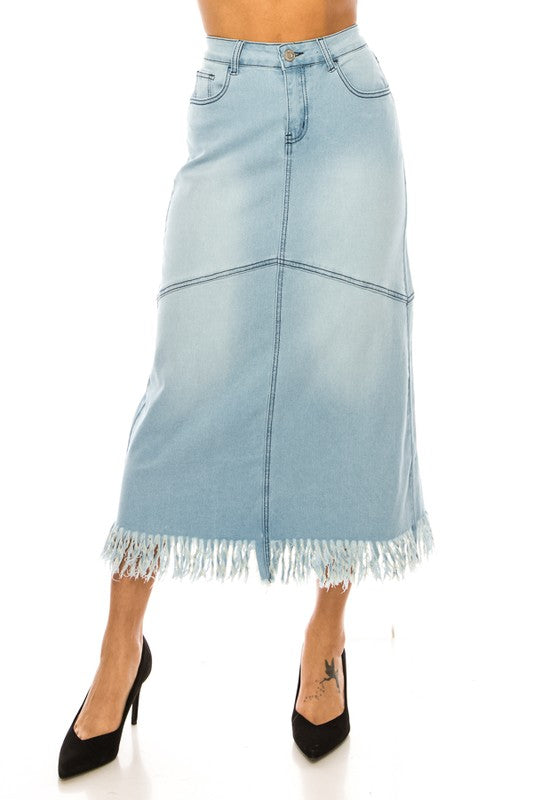 Long Denim Skirt w/fringe trim