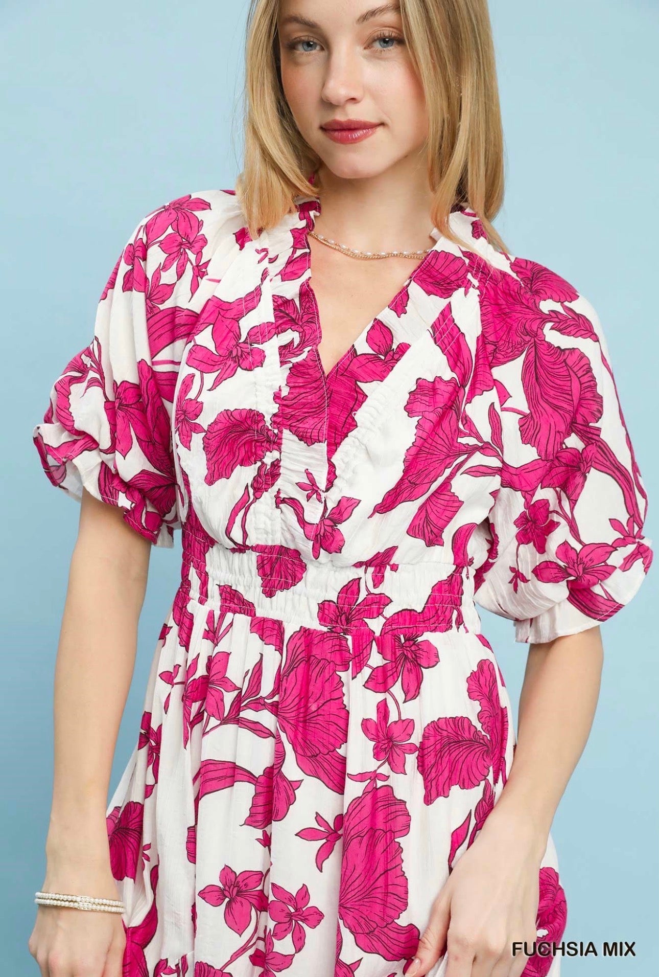 Porcelain Floral Puff Sleeve Dress
