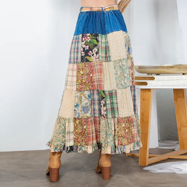Boho Patchwork Belted Skirt