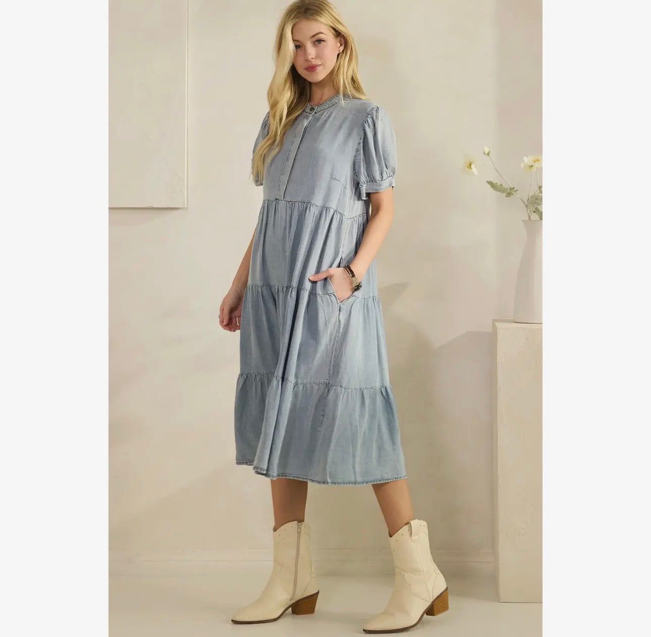 Denim Tiered Midi Dress