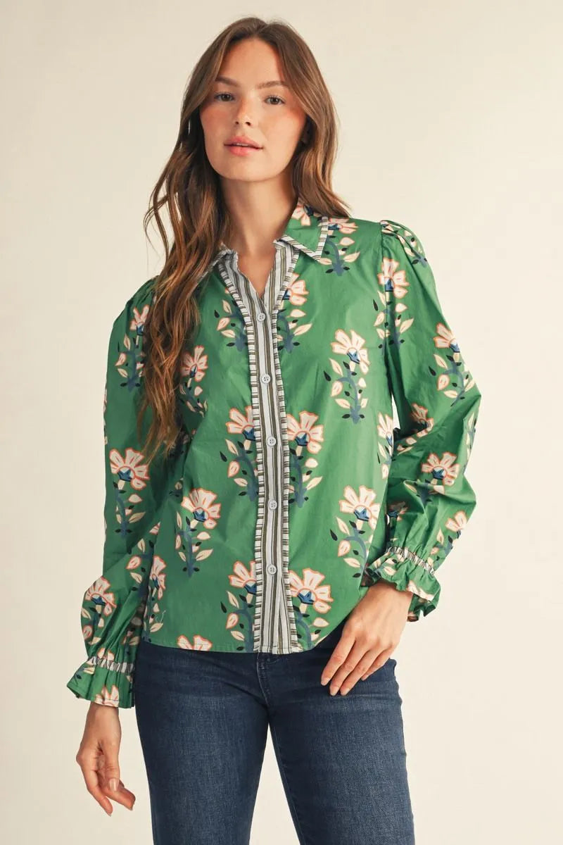 Green floral print puff sleeve button-down top