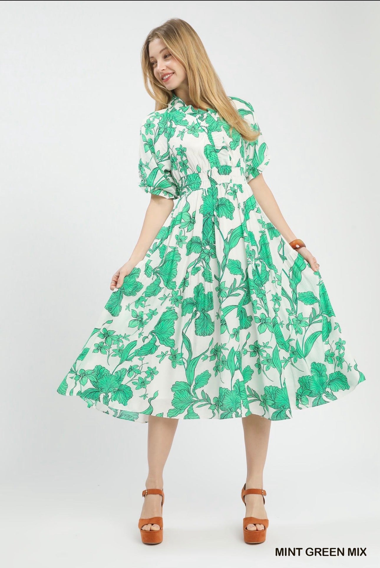 Porcelain Floral Puff Sleeve Dress