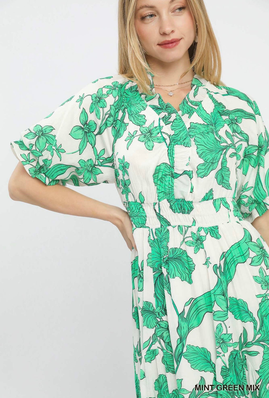 Porcelain Floral Puff Sleeve Dress