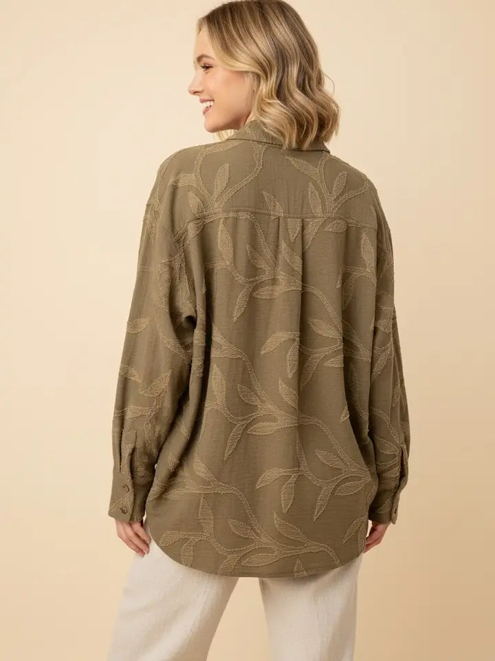 Leaf Embroidered Button Down Top