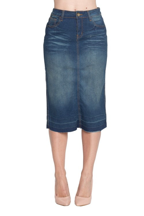 Vintage Wash Denim Skirt W/sewn hem