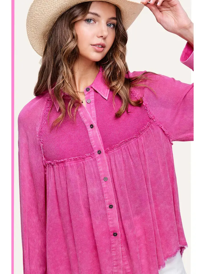 Washed Waffle Button Down Top