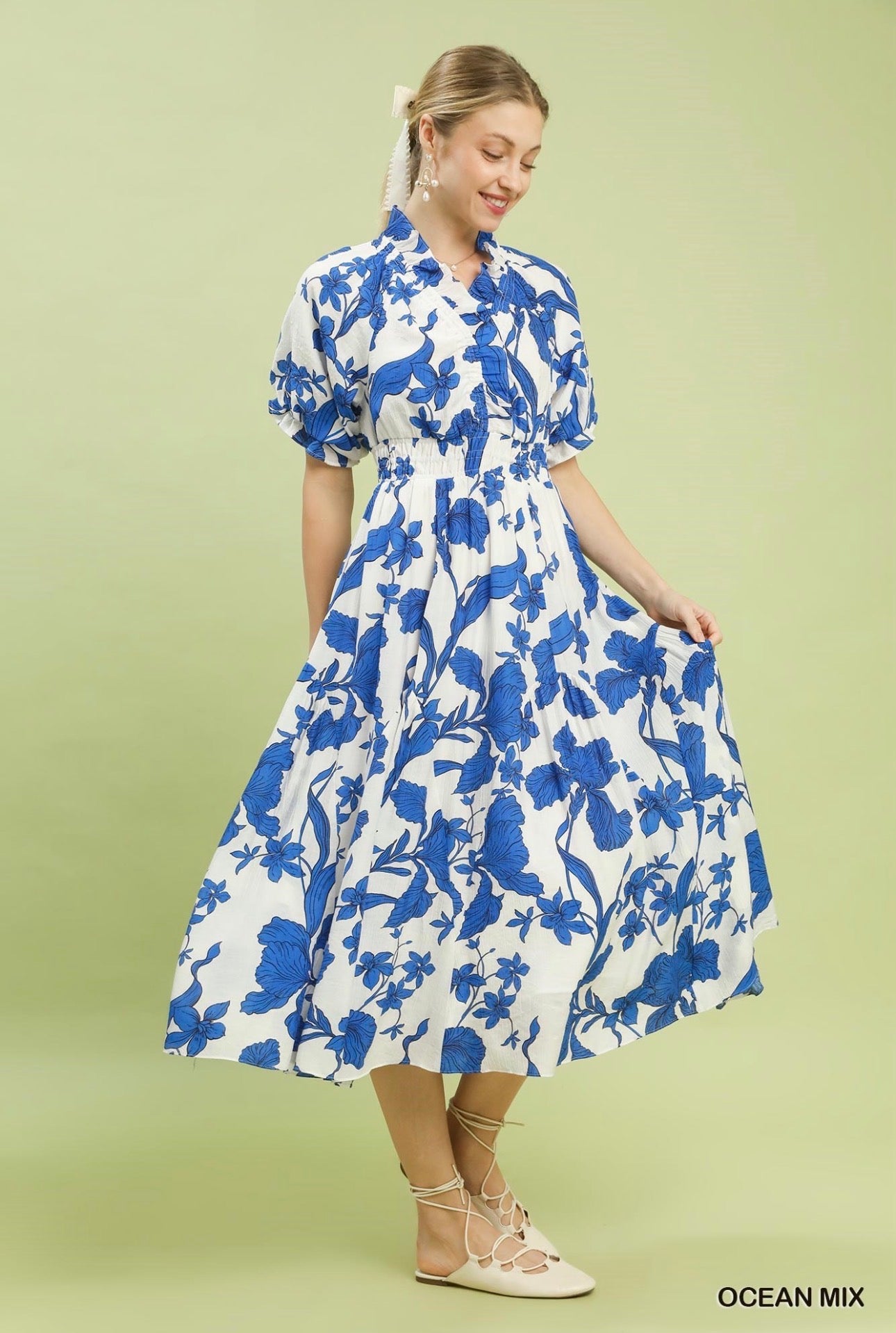 Porcelain Floral Puff Sleeve Dress