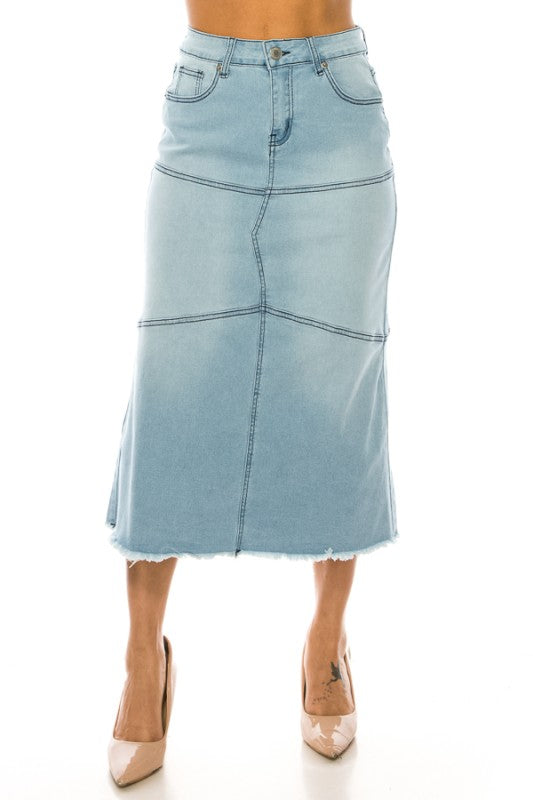 Indigo Wash Denim Skirt W/Frayed Hem