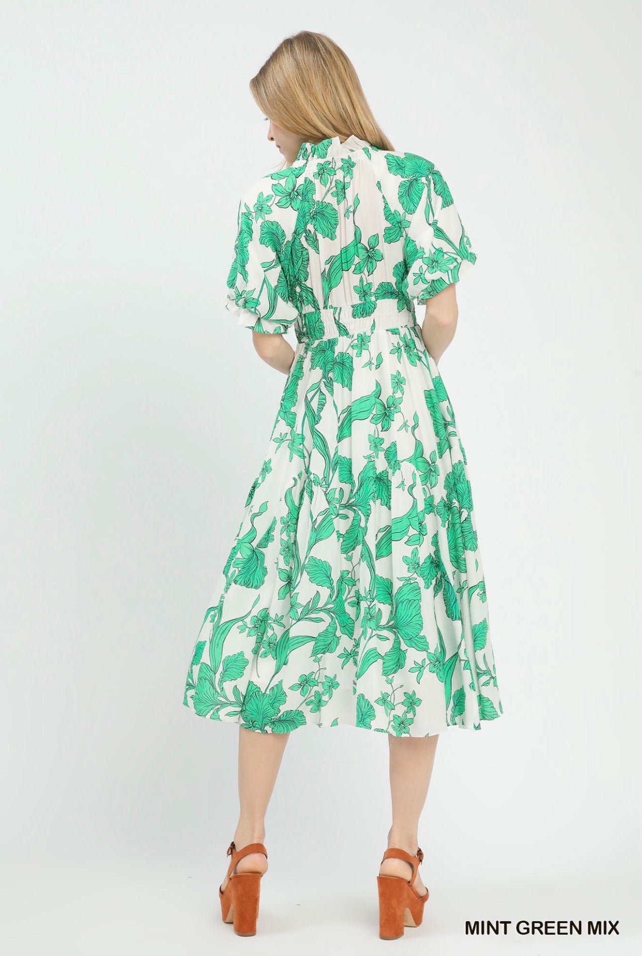 Porcelain Floral Puff Sleeve Dress