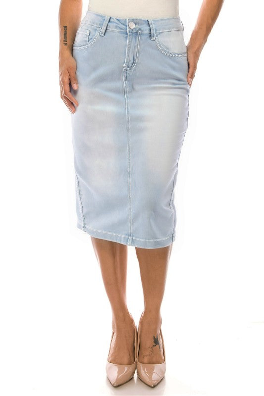 Light Wash Denim Skirt w/embroidery stitching