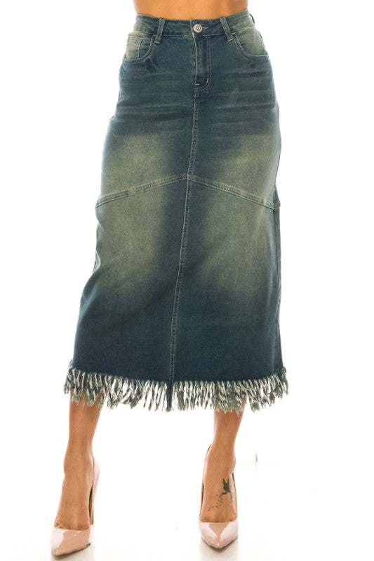 Vintage Wash Denim Skirt w/fringe trim