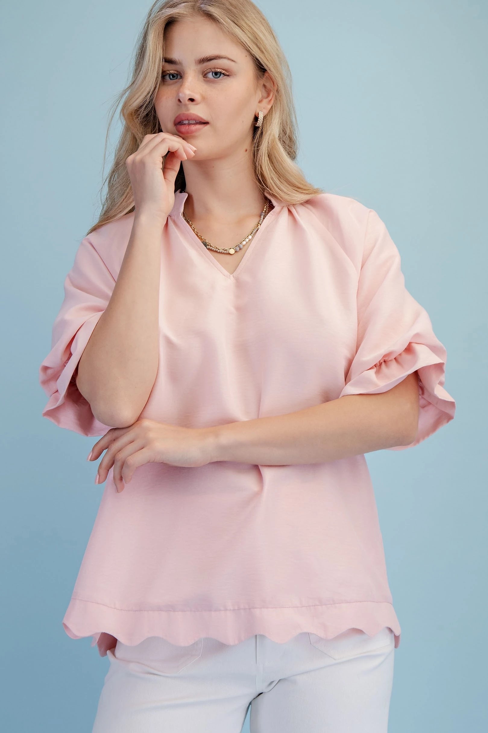 Solid Shirt W/Scalloped trim