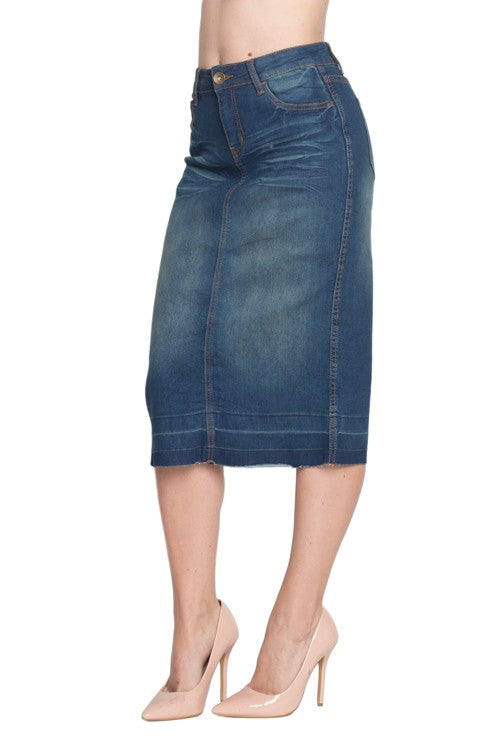 Vintage Wash Denim Skirt W/sewn hem