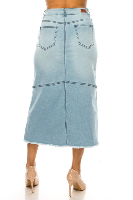Indigo Wash Denim Skirt W/Frayed Hem