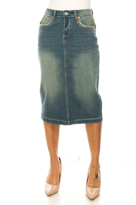 Vintage Wash Denim Skirt W/Embroidered Pockets