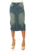 Vintage Wash Denim Skirt W/Embroidered Pockets