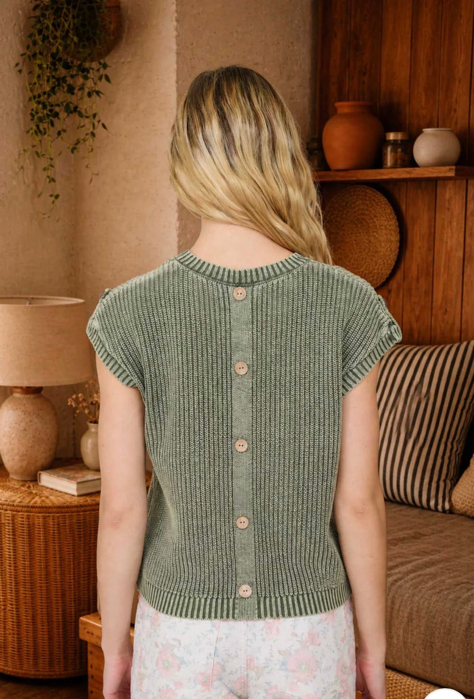 Acid Washed Tab Sleeve Knit Top