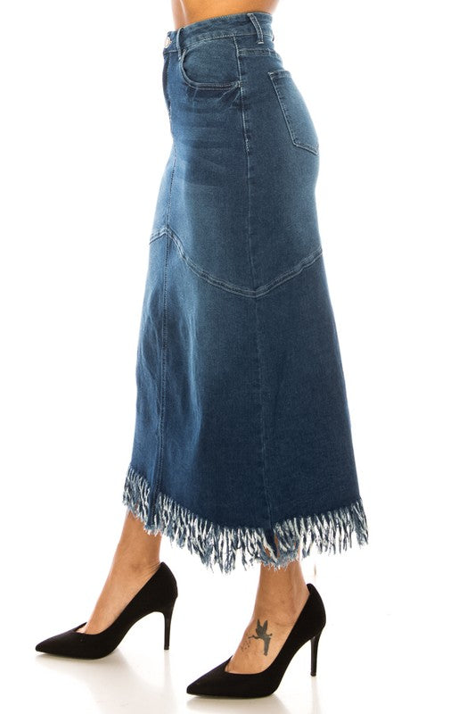 Indigo Wash Denim Skirt W/Fringe