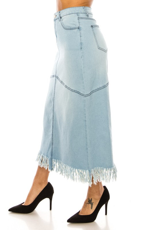 Long Denim Skirt w/fringe trim
