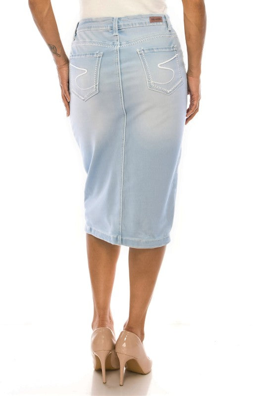 Light Wash Denim Skirt w/embroidery stitching