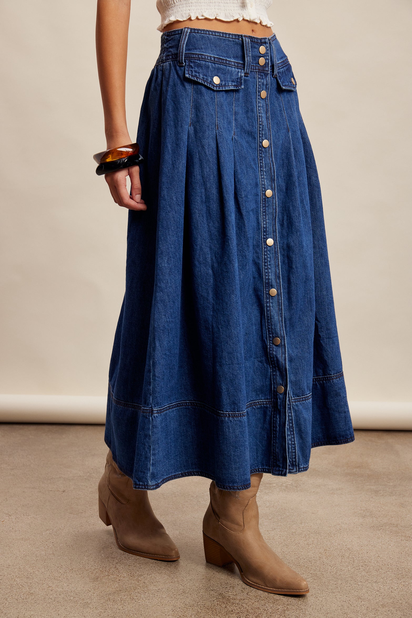 Button Front Denim Skirt